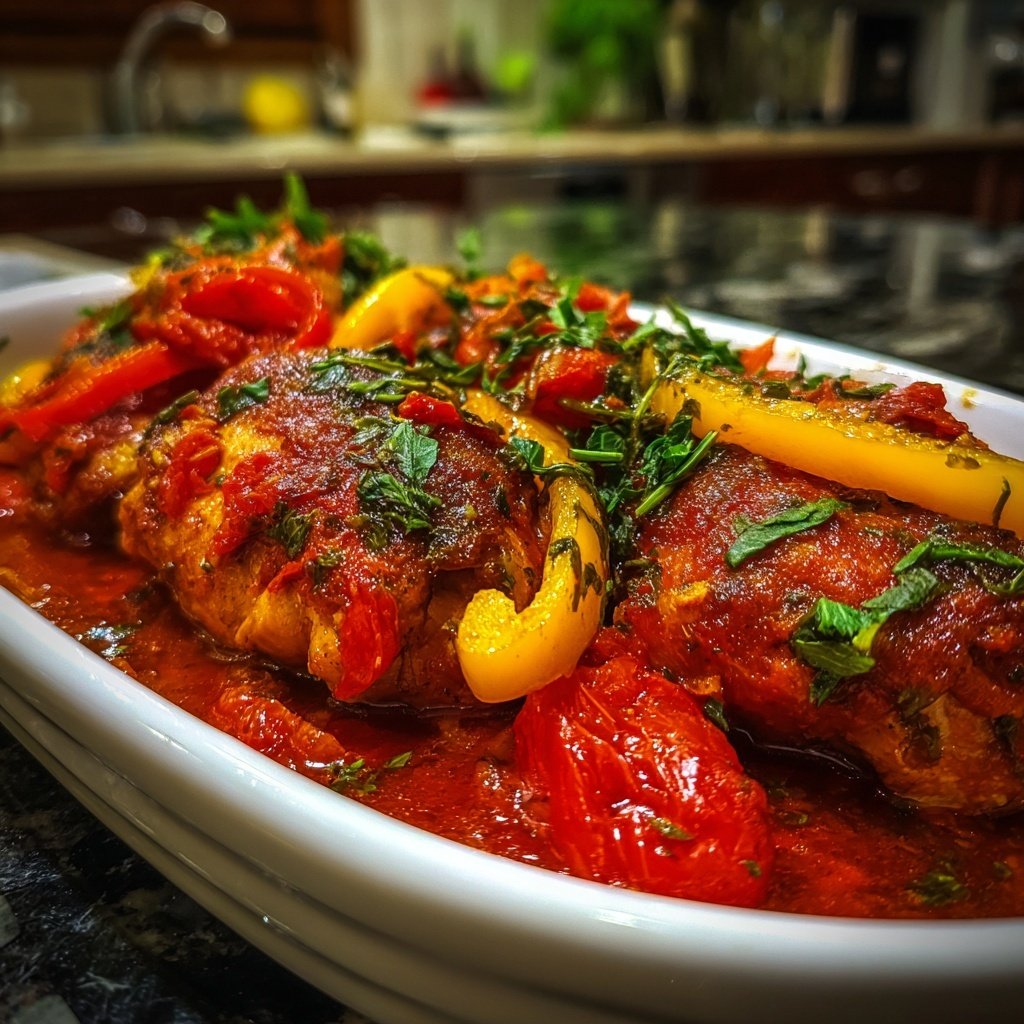 Hähnchen mit geschmorten Paprika Tomaten