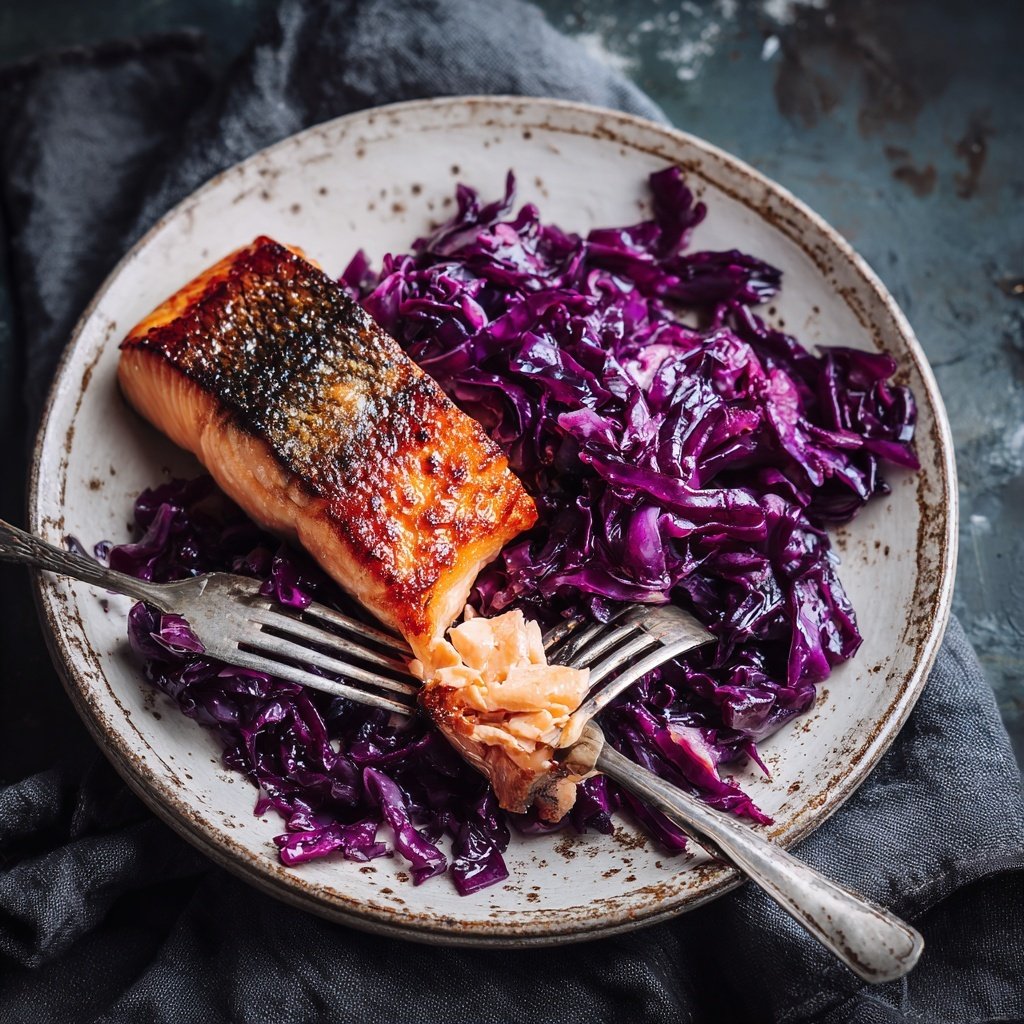 Wildlachs mit Rotkohl gegart