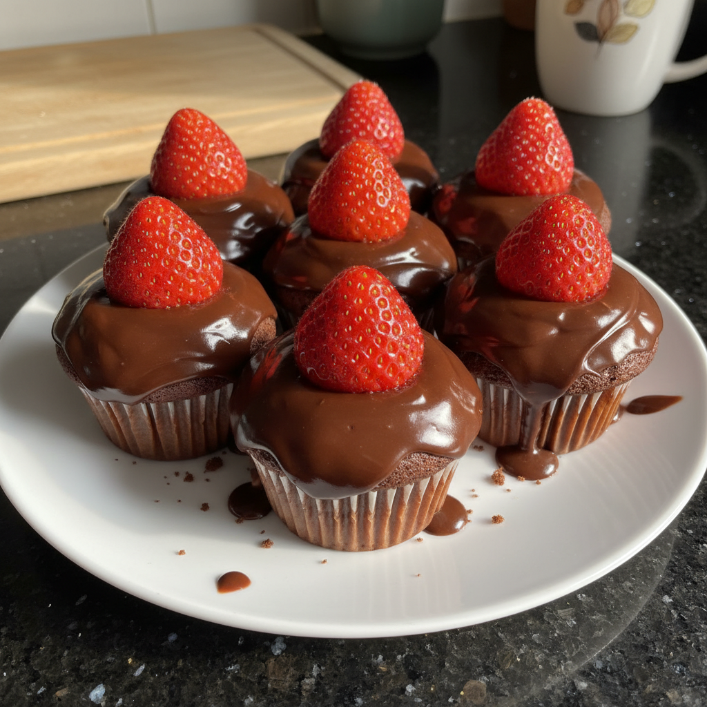 Schokoladenüberzogene Erdbeer Cupcakes