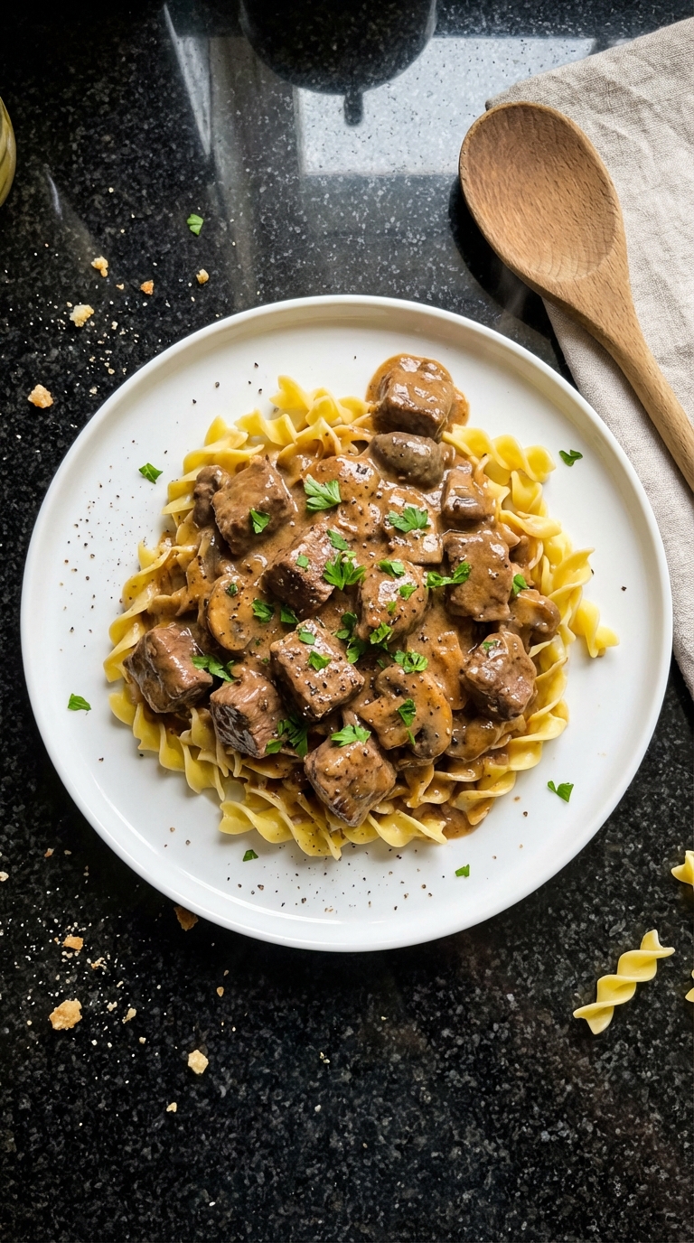 Rind Stroganoff auf Nudeln
